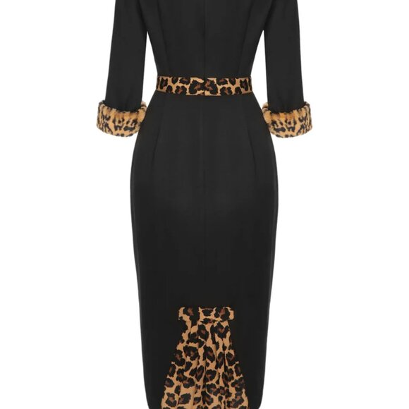 NWOT Retro Stage Medium Black 1960s Raw Hem Leopard Asymmetric Wrap Dress - Picture 3 of 9